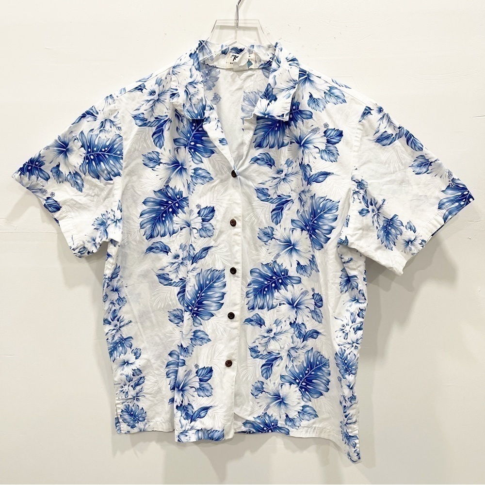 KY’s Vintage Made In Hawaii Short Sleeve Button Down Shirt White Blue Cotton
